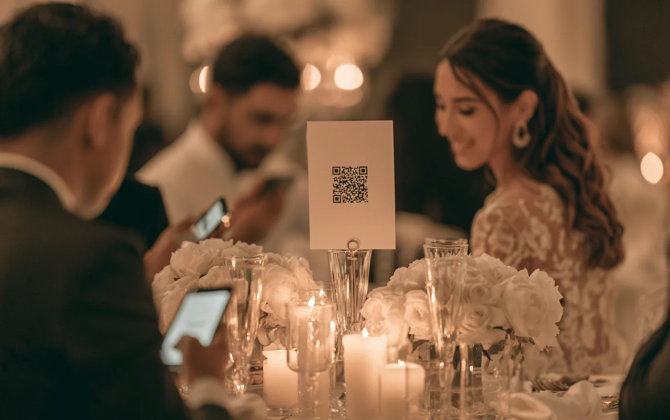QR код на картичка на маса, а на заден план гости снимат с телефони