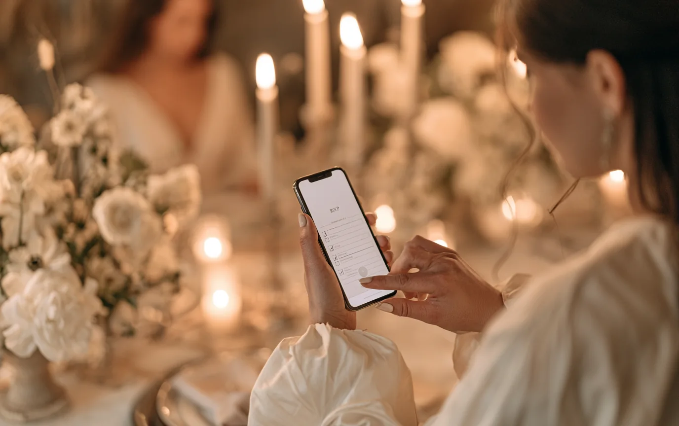 Гостенка попълва RSVP форма на телефона си на маса със свещи