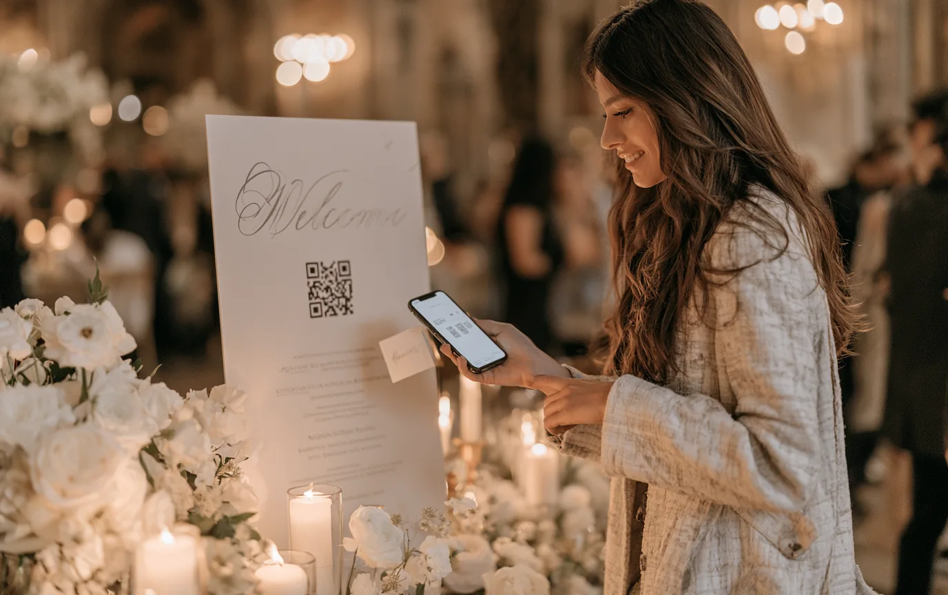 Гостенка сканира QR код на табела за добре дошли на входа